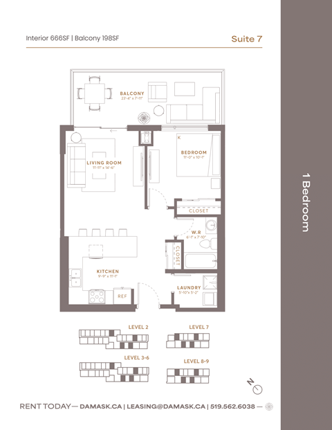 Floor plan for 1 bed, 1 bath, 666 sqft